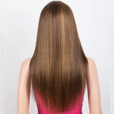 Rebecca 180D straight human hair wig with bangs, featuring a highlight straight bob style, full machine-made, ready to wear.