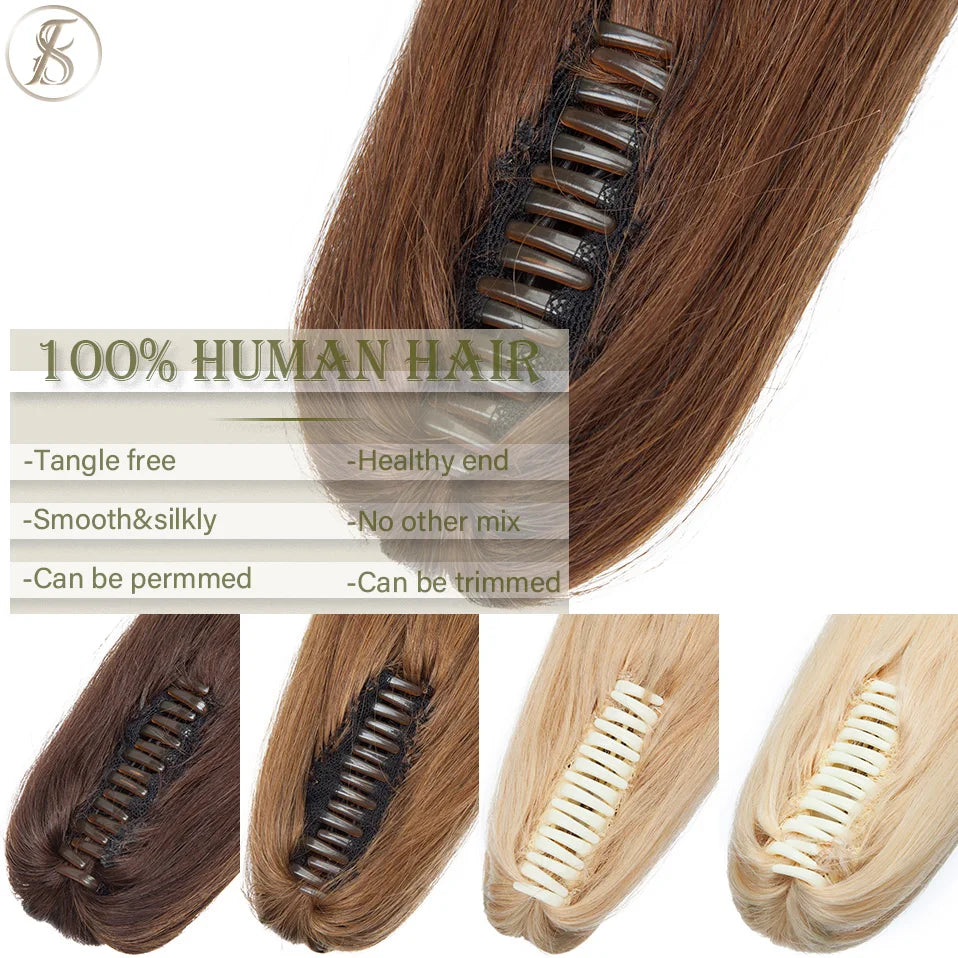 TESS Brazilian human hair claw clip ponytail extension, 14–22 inches, natural black to blonde tones