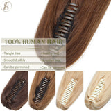 TESS Brazilian human hair claw clip ponytail extension, 14–22 inches, natural black to blonde tones