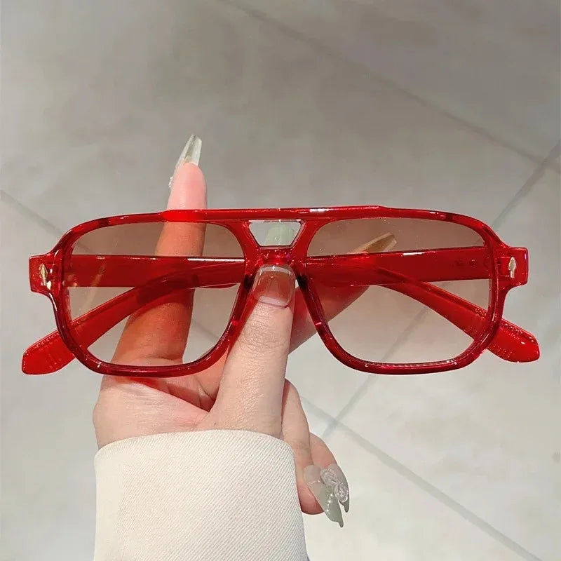 Vintage double bridges square sunglasses with rivets, ocean-tinted lenses, UV400 protection, stylish eyewear for women.