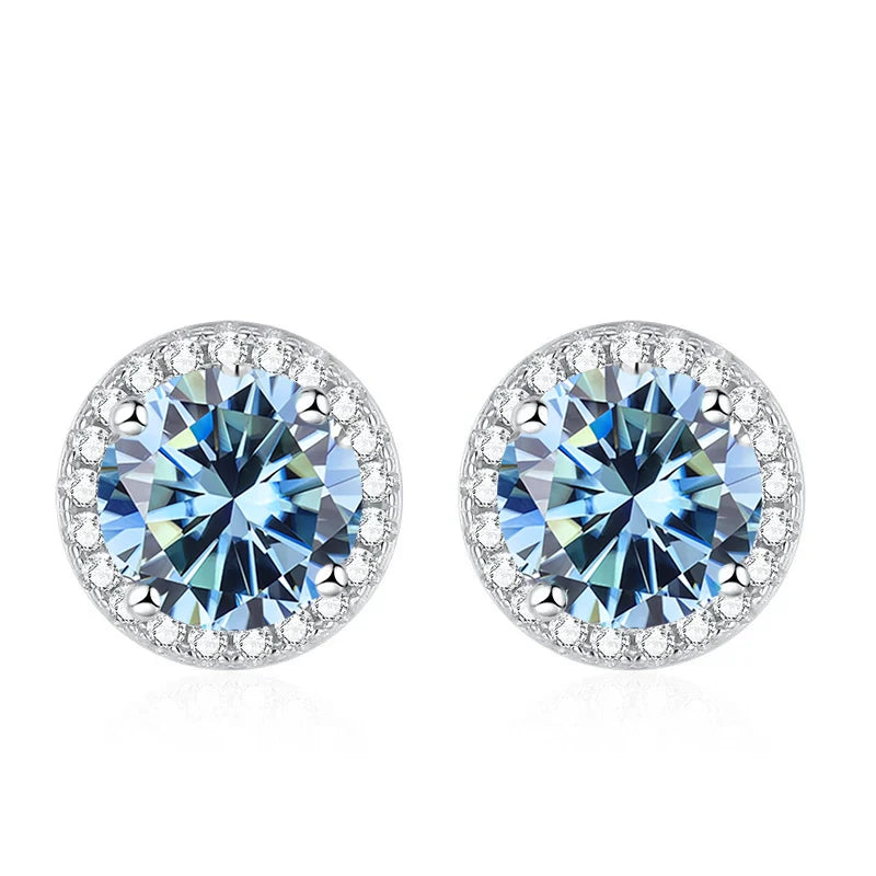 Tezzc moissanite stud earrings in 925 sterling silver with sparkling green, blue, pink, red, and black stones