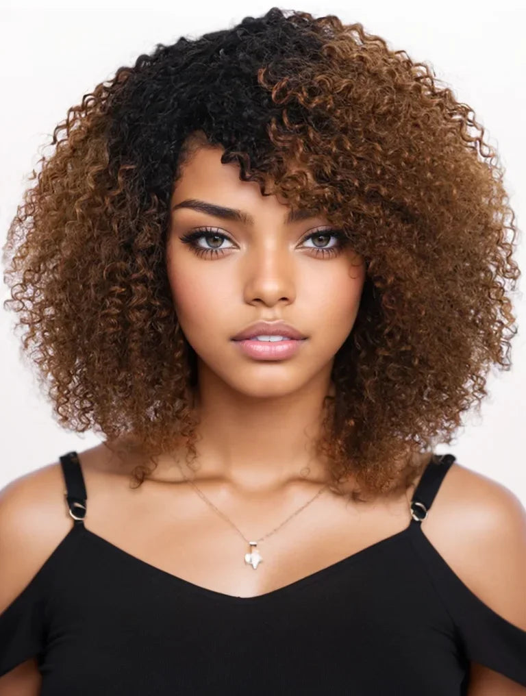 Short kinky curly Brazilian Remy human hair bob wig with highlights, bangs, and 200% density