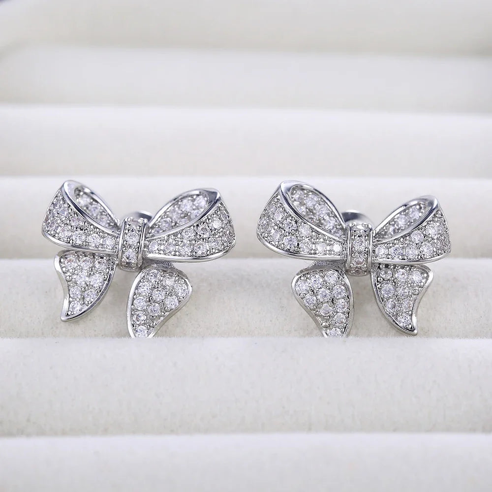 Romantic bowknot women’s stud earrings with full-paved shiny crystal zircon, delicate fashion jewelry by HSF Marketplace