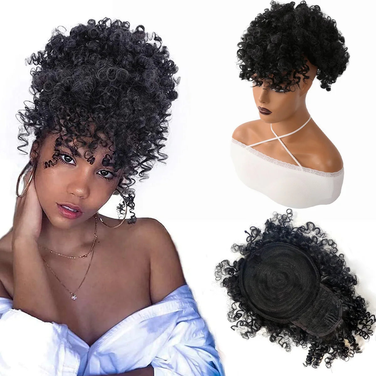HSF Marketplace Afro puff drawstring ponytail with bangs, short kinky curly pineapple updo bun for Black women
