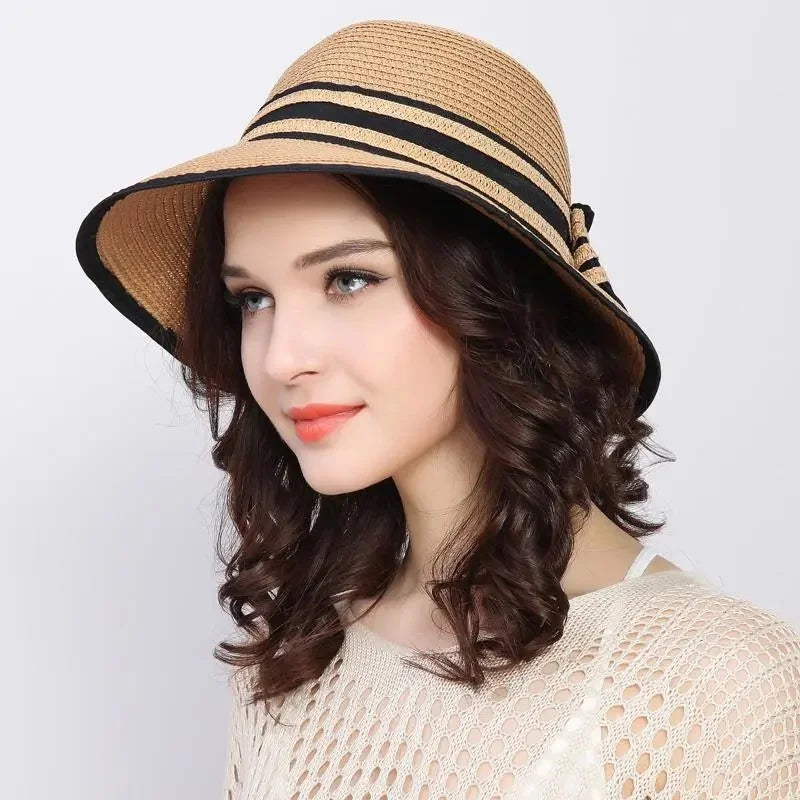 Muchique women's summer straw boater hat with wide brim and casual bow for beach travel
