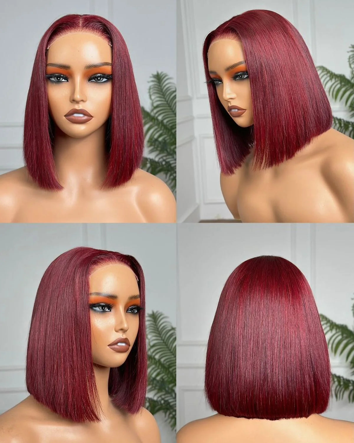 Burgundy 4C human hair bob wig with 13x6 lace frontal, straight style, middle part, short length, 100% human hair.