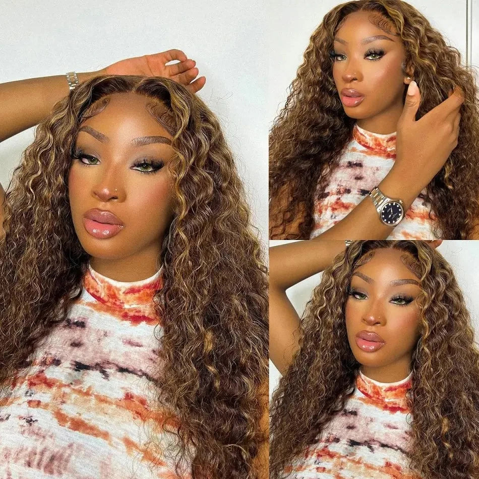 Highlight Wig Human Hair Ombre HD lace wig with deep curly water wave, 13x6 lace frontal, Brazilian human hair for women
