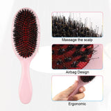 Harsany boar bristle hair brush and massage comb, ideal for styling and hair extensions, in a professional hairdressing setting.