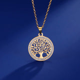 Stainless steel Tree of Life pendant necklace for women with zircon border, hypoallergenic, waterproof, adjustable chain jewelry.