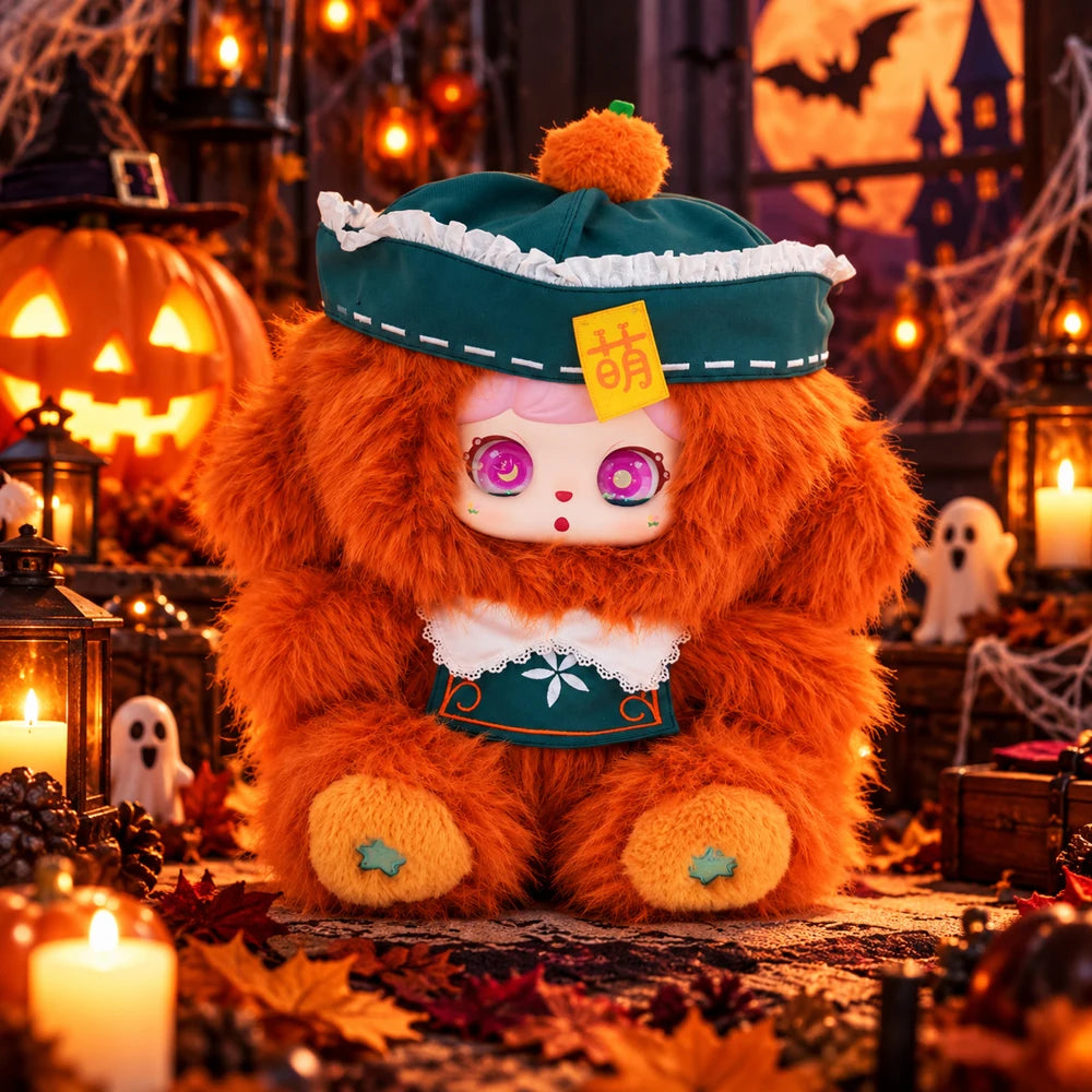 Large Halloween gothic bunny plush doll from a kawaii collectible mystery blind box, soft fluffy character figure