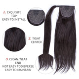 Straight clip-in ponytail human Remy hair extension for easy styling, shown in a sleek straight texture