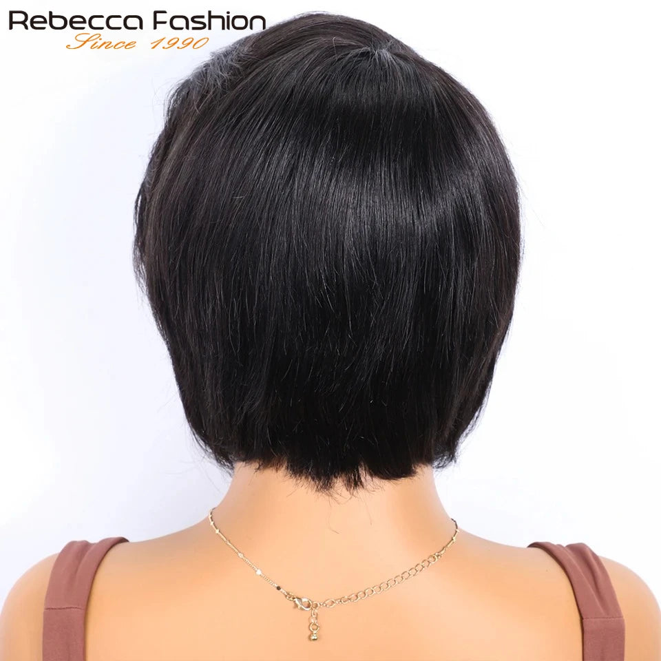 Rebecca Brazilian short straight bob wig with bangs, full machine-made human hair, side part, for Black women