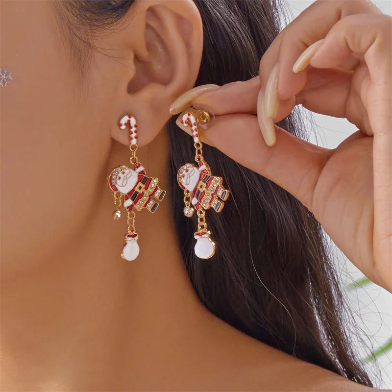 Creative Christmas Grandpa and Grandma Zircon Stud Earrings For Women White Pearl Crystal Snowman Elk Earring New Year Jewelry