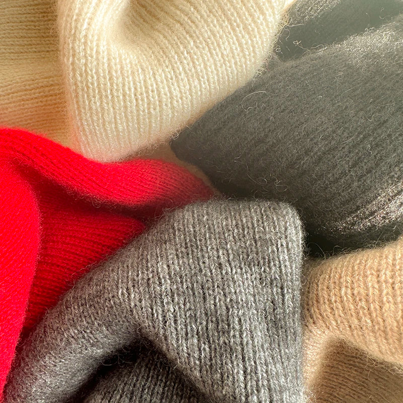 Premium pure cashmere winter scarf, gloves, and hat set in soft neutral tones