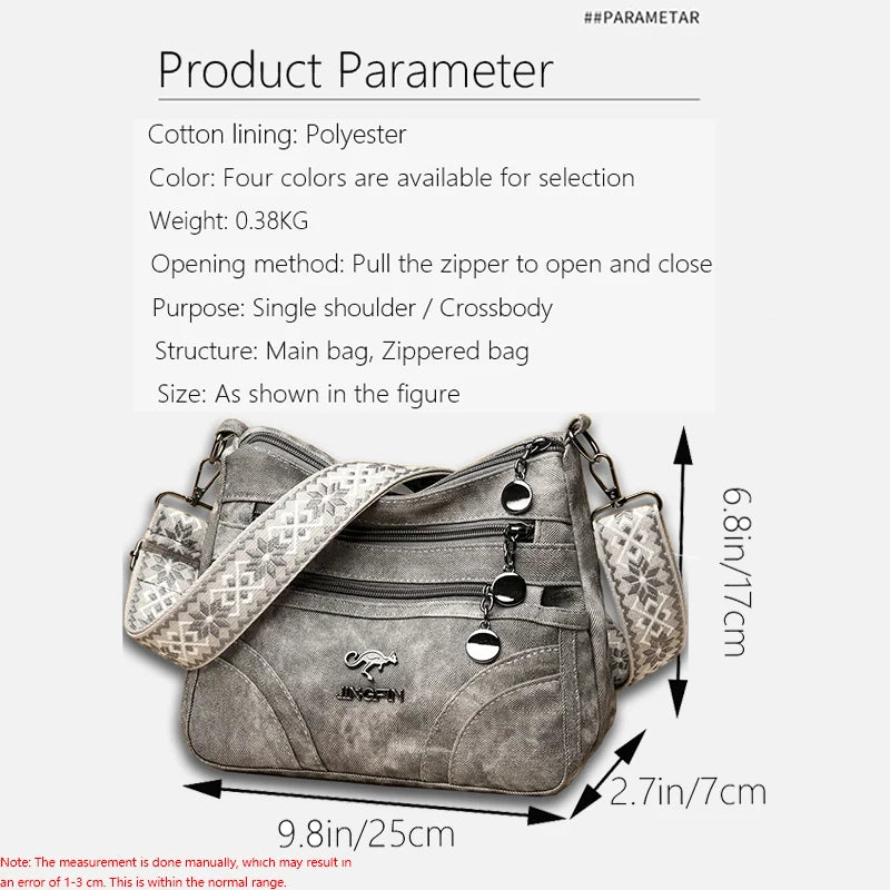 Vintage soft leather women's shoulder purse with multi-pocket design, ethnic pattern strap, ideal for everyday use.