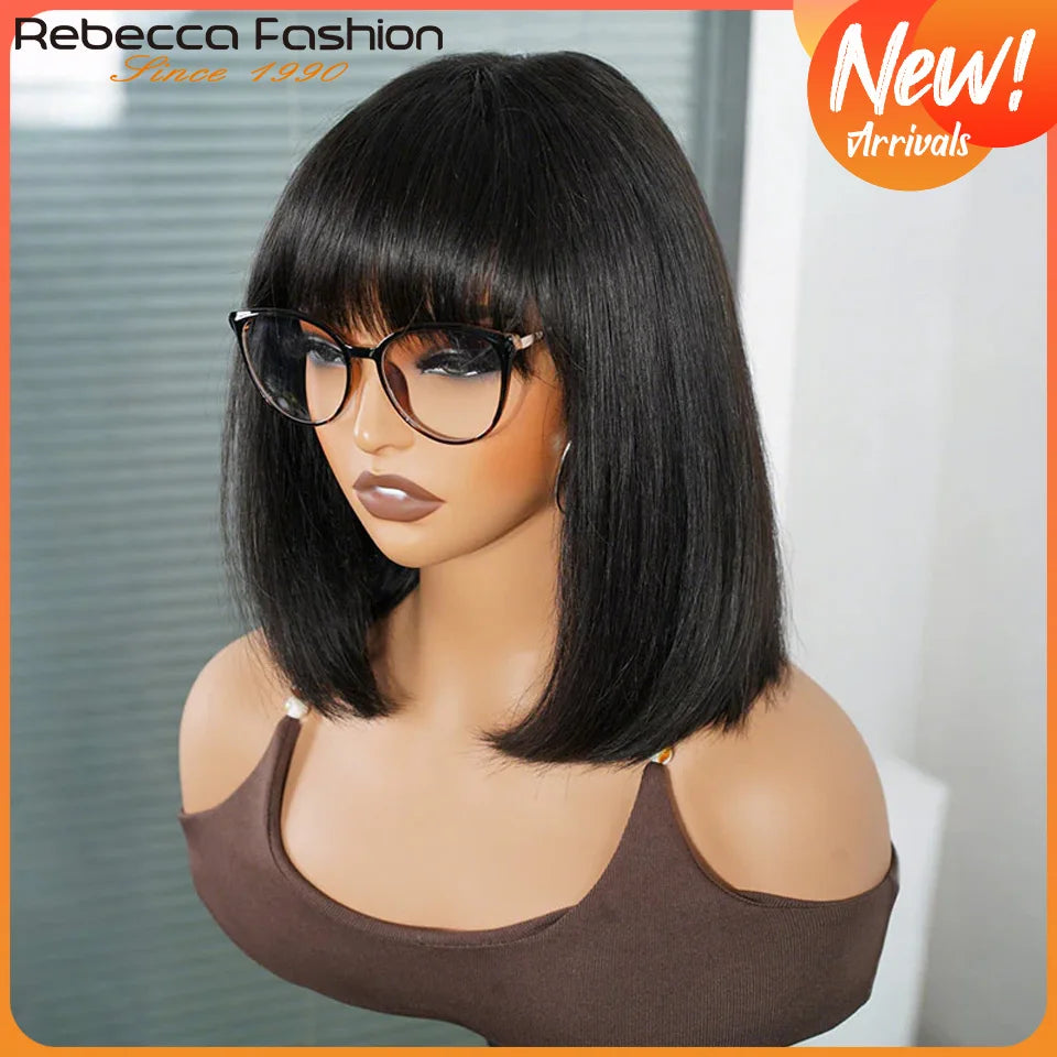 Rebecca glueless straight human hair bob wig with bangs, fringe, middle part, and realistic scalp lace finish