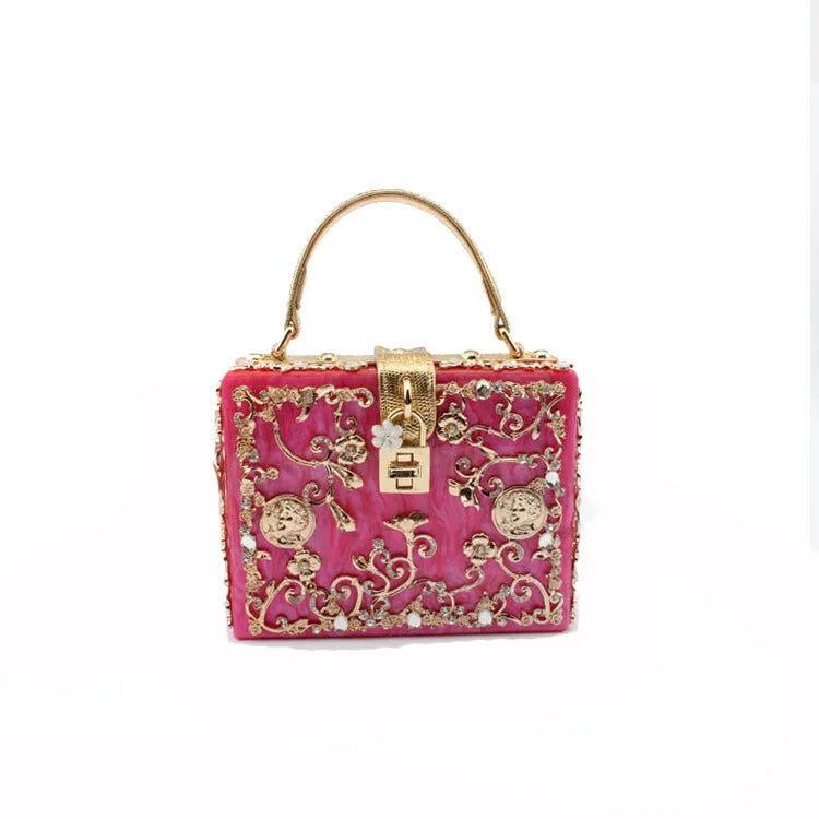 Acrylic dinner bag with engraved metal and diamond accents by HSF Marketplace