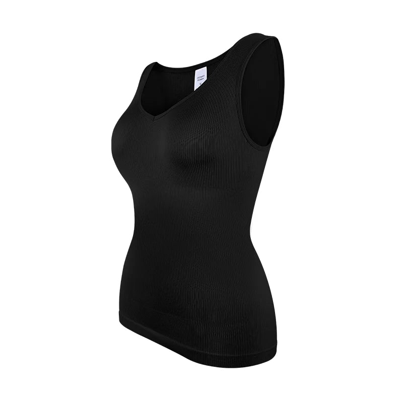 Women’s sleeveless shapewear tank top with wide straps, V-neck, tummy control, and compression fit