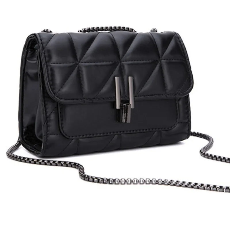 Women's quilted leather shoulder bag with buckle chain and diamond grid embroidery, stylish mini crossbody purse by HSF Marketplace.