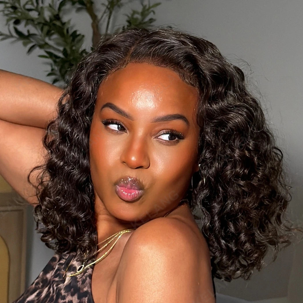 Deep wave short bob 13x6 HD lace front Brazilian Remy human hair wig, pre-plucked glueless closure wig