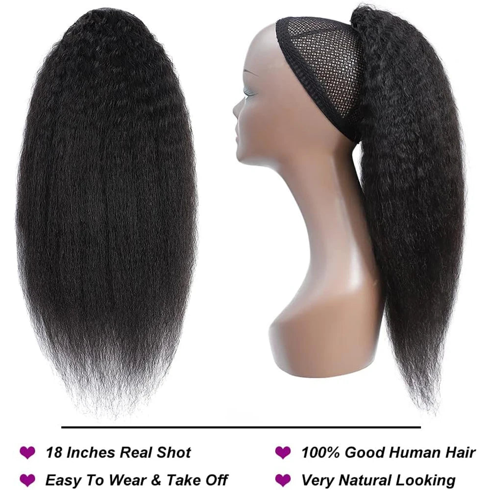 Kinky straight wrap-around drawstring ponytail human hair extension in natural black #1B by HSF Marketplace