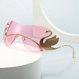 Y2K trendy women's oversized rimless sunglasses with gradient lenses, swan inlay design, fashion sun shades by HSF Marketplace
