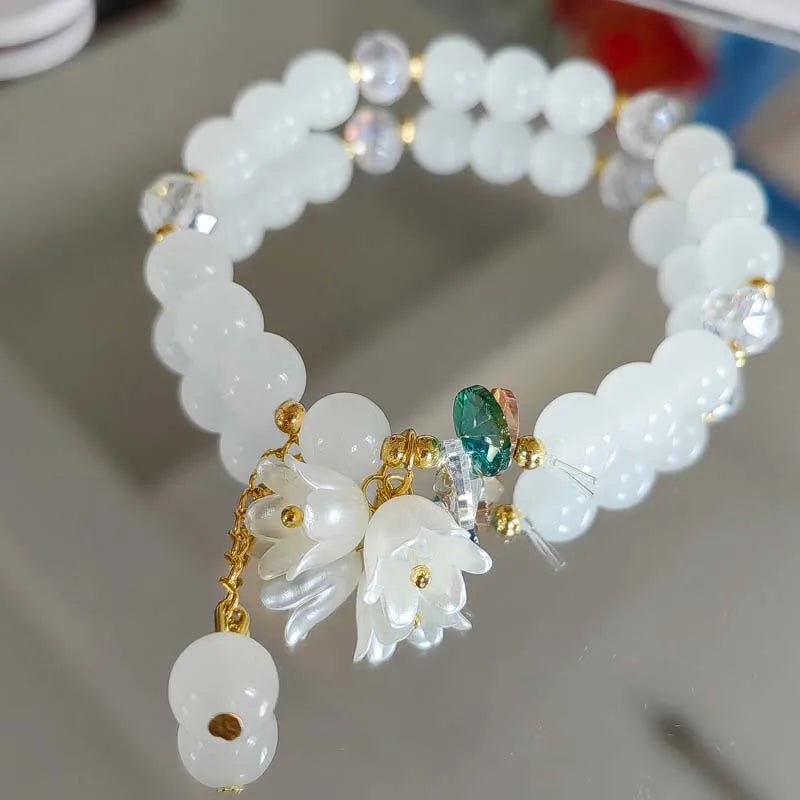 Colorful Lily Valley Flower bracelet with crystal stones for women, elastic beaded jewelry suitable for weddings and birthdays