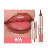 Black and brown tapered lip liner and double-head mirror with plumping lip gloss and red lip tint in makeup and beauty collection.