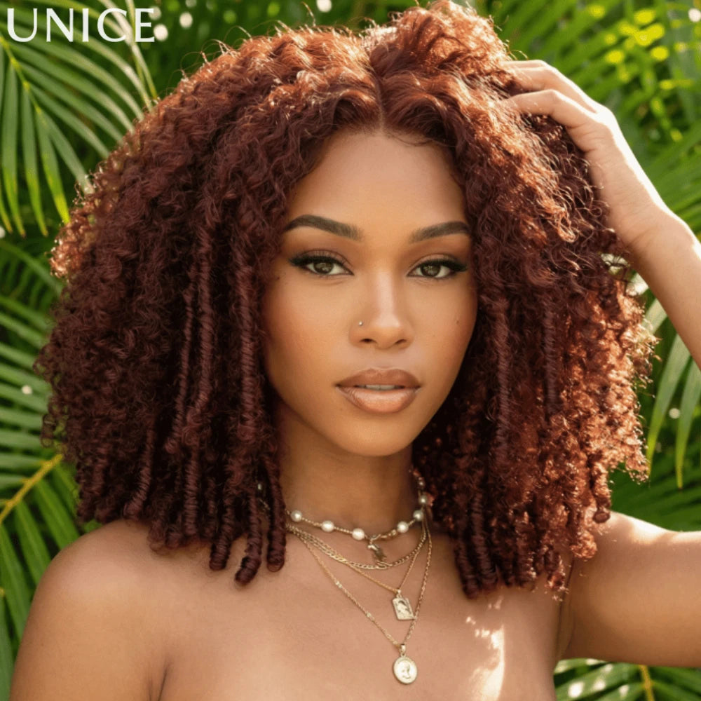 Reddish brown Afro kinky curly human hair wig, 200% density glueless style by HSF Marketplace