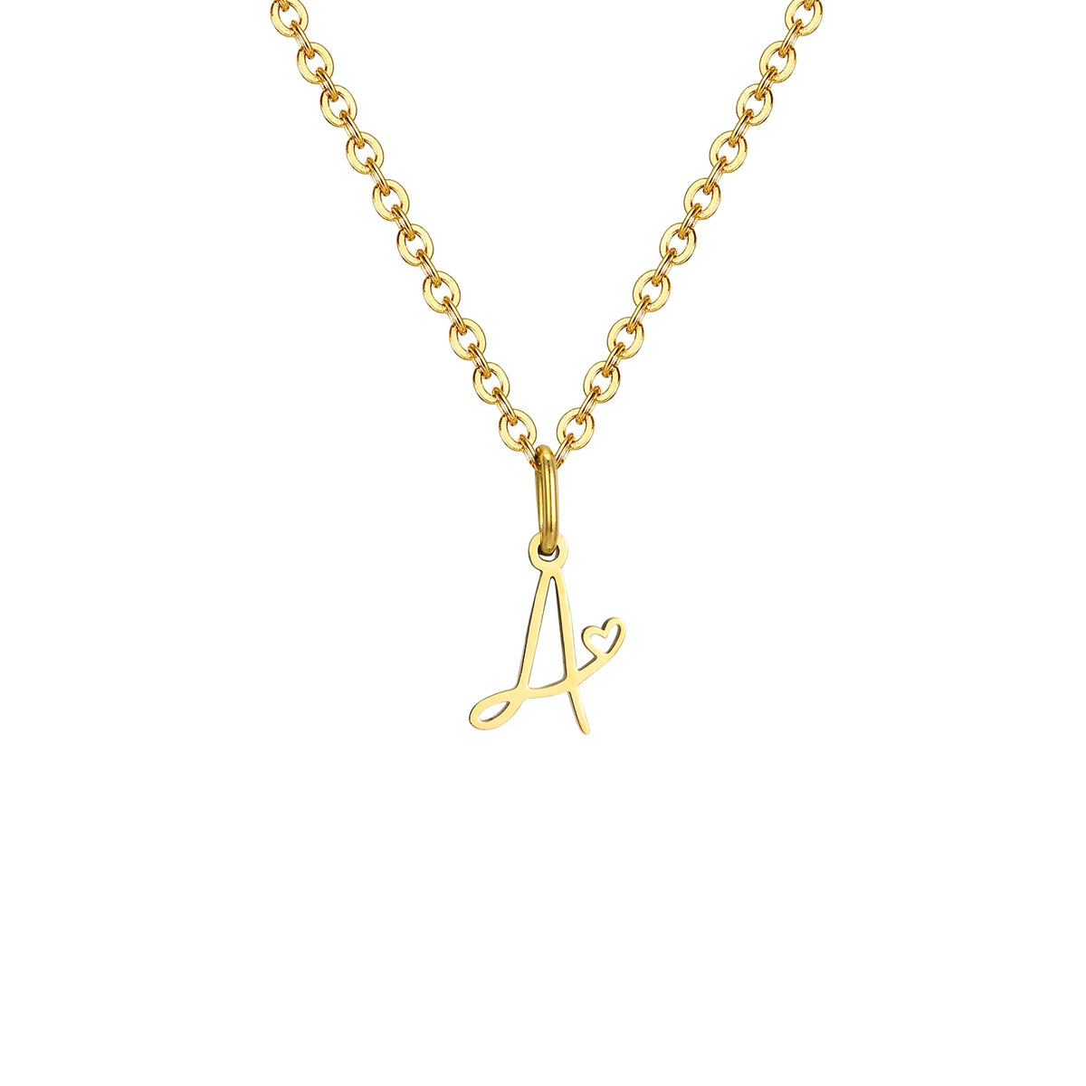 Gold plated dainty heart initial necklace for women with stainless steel A-Z letter pendant, waterproof monogram jewelry.