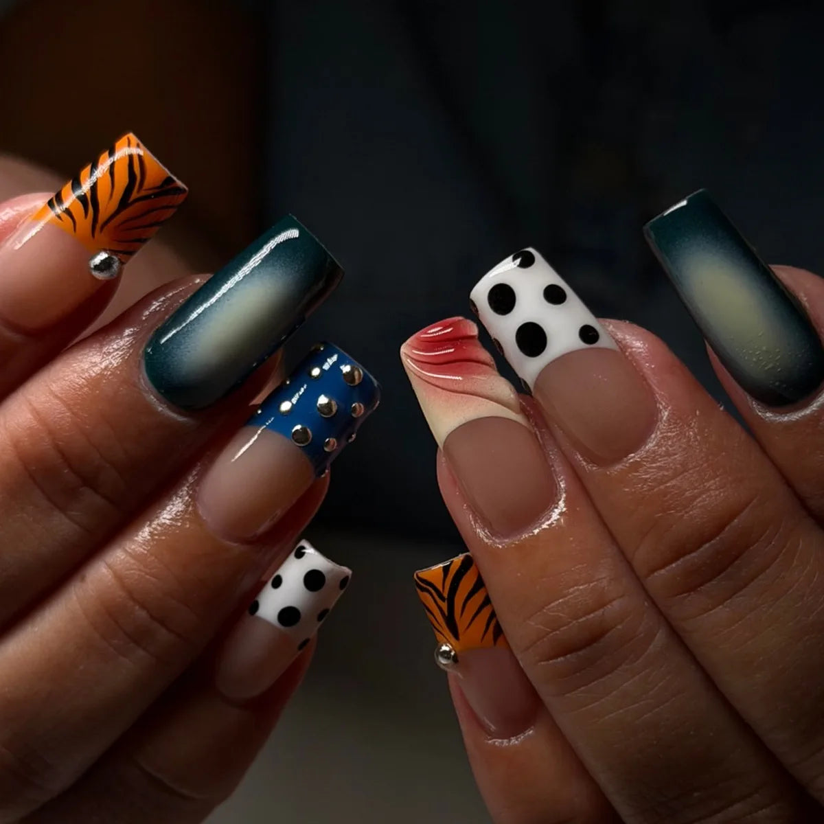 Pink and black Sweet Punk long coffin false nails with French polka dot and striped design, 24-piece set