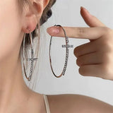 Shiny big circle cross hoop earrings for women with rhinestones, geometric design and silver-tone finish