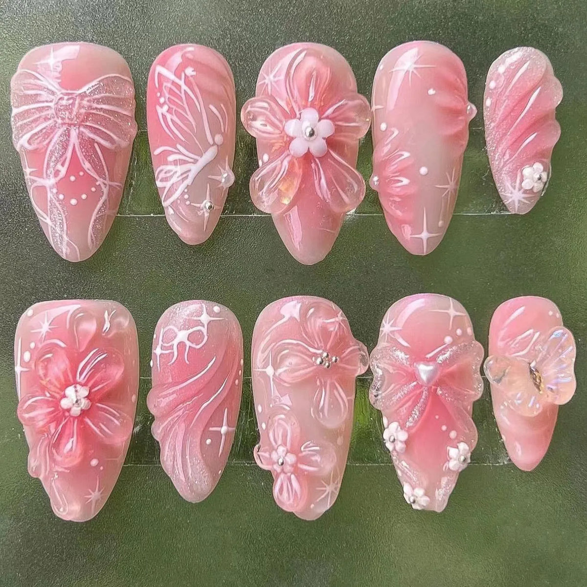 24pcs pink almond false nail patches with bowknots, love hearts and pearl design by HSF Marketplace