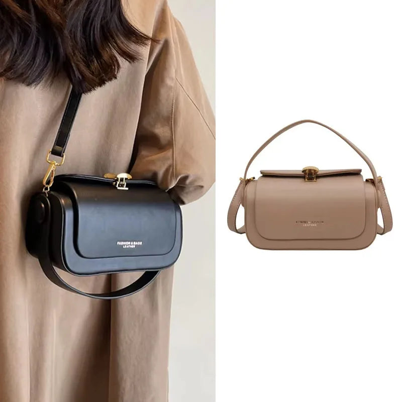 Black leather shoulder bag by HSF Marketplace featuring a textured flap, versatile square design, and large capacity for women.