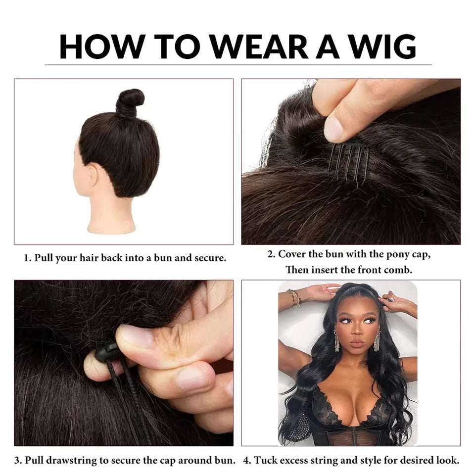 Body wave drawstring ponytail human hair extensions by HSF Marketplace, wrap-around clip-in ponytail piece