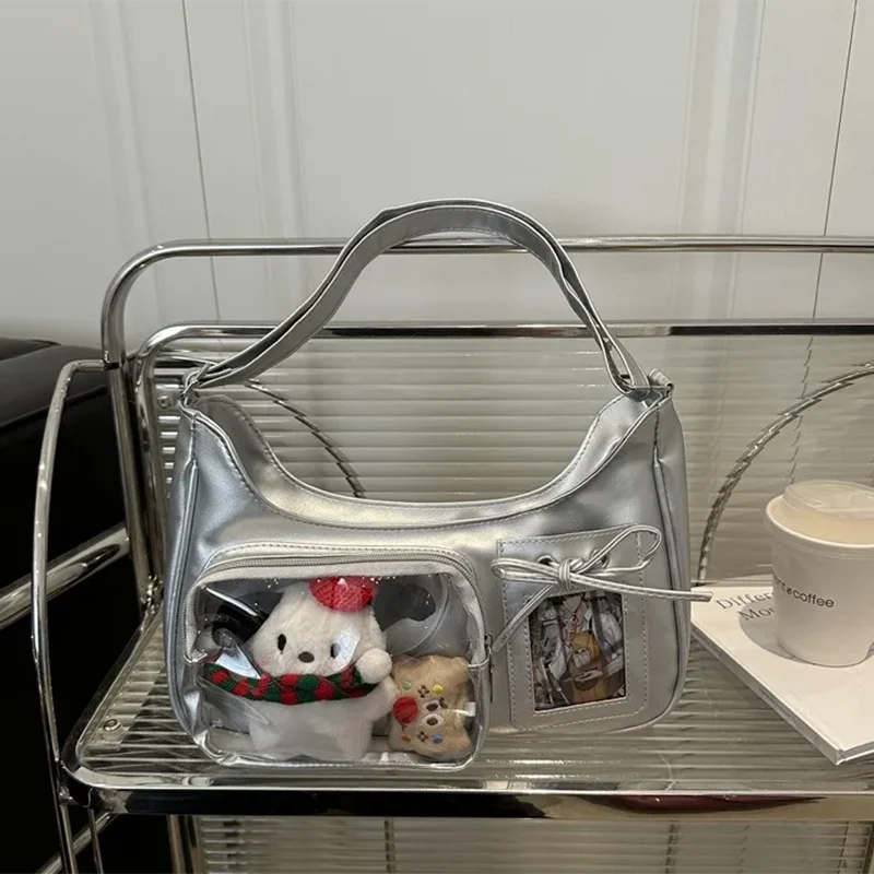 Clear Y2K Harajuku shoulder bag for women, Korean transparent crossbody purse with preppy style and Japanese designer details.