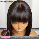 Rebecca straight bob glueless human hair wig with bangs, fringe, middle part, lace front, and realistic scalprayele