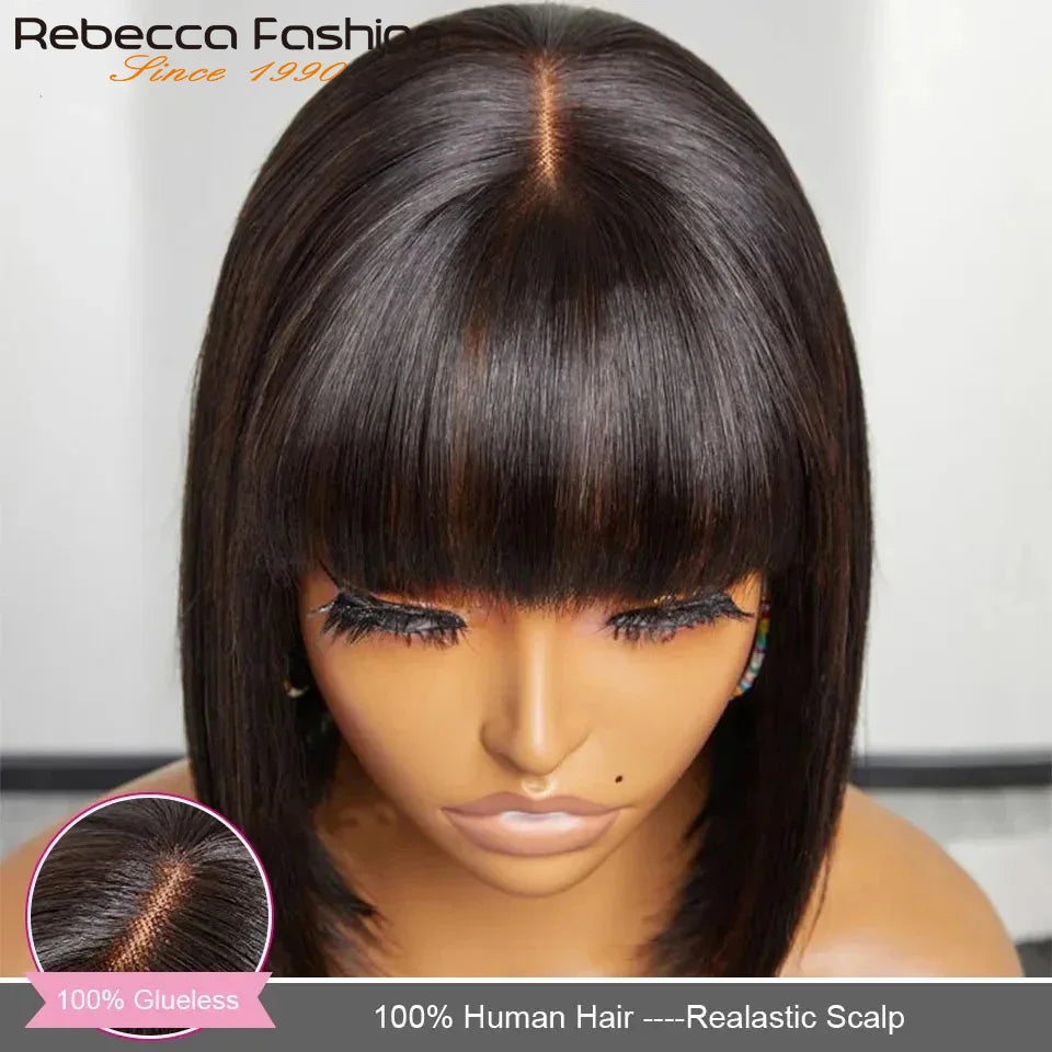 Rebecca straight bob glueless human hair wig with bangs, fringe, middle part, lace front, and realistic scalprayele