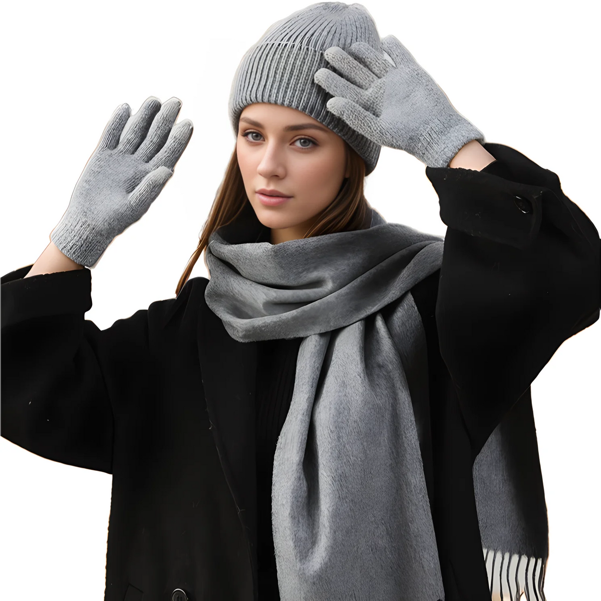 Knitted fur glove, hat and scarf set for winter wear in a coordinated design by HSF Marketplace