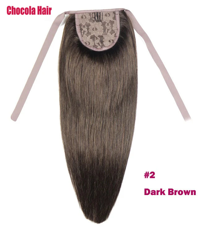 Chocola 16-18 inch Brazilian Remy human hair ribbon ponytail clip-in, 60g, straight horsetail extension