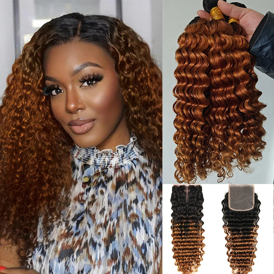 DreamDiana 12A Brazilian Deep Wave 3 Bundles with Closure Ombre Human Hair Bundles with Closure Curly Hair Bundles with Closure
