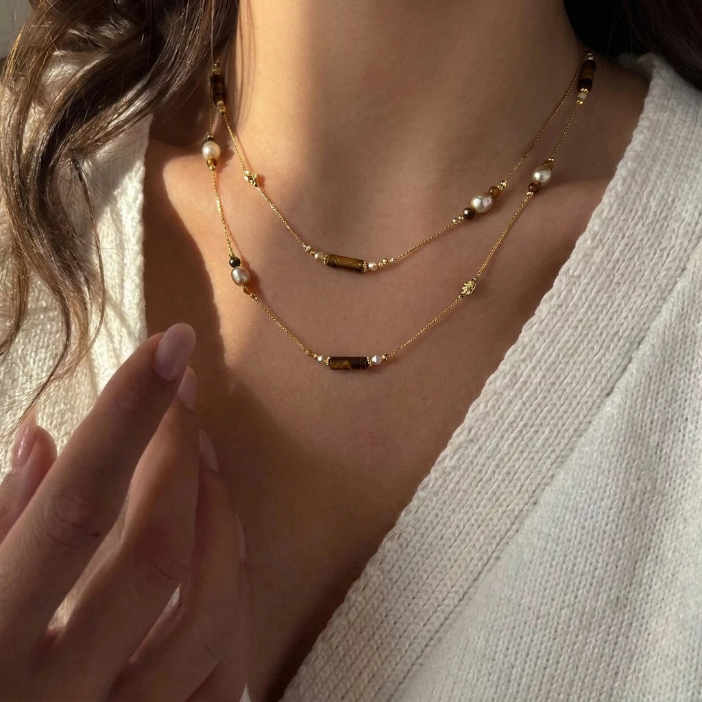 Retro 3 Layers Gold Plated Tiger Eye Stone Necklace For Women Boho Sun Zircon Sun Pendant Beaded Stackable Choker Party Jewelry