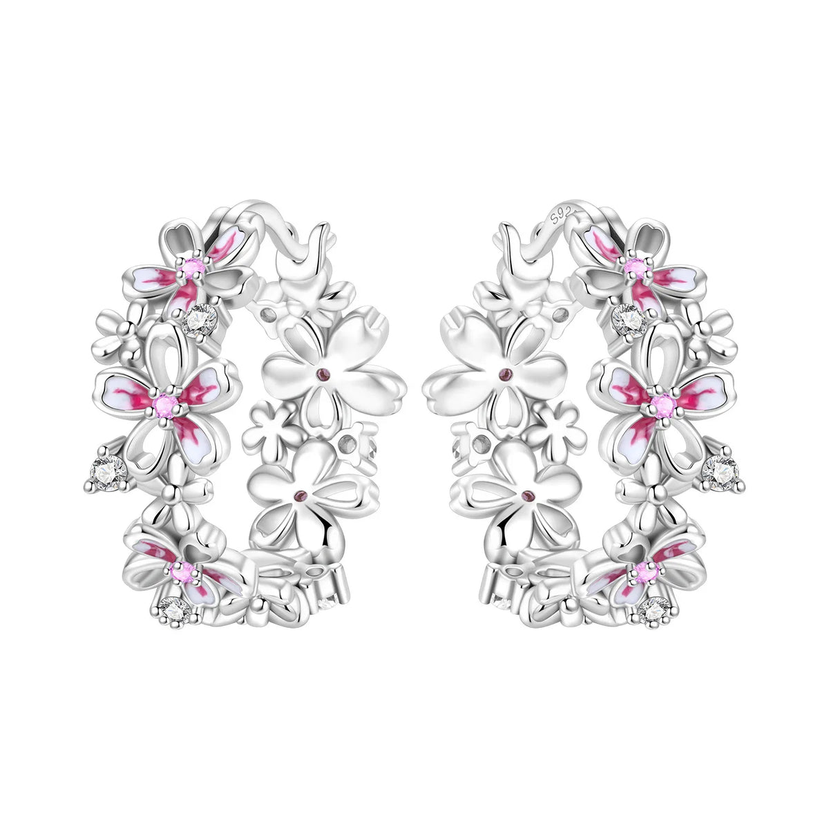 S925 sterling silver cherry blossom flower hoop earrings, elegant floral jewelry for women
