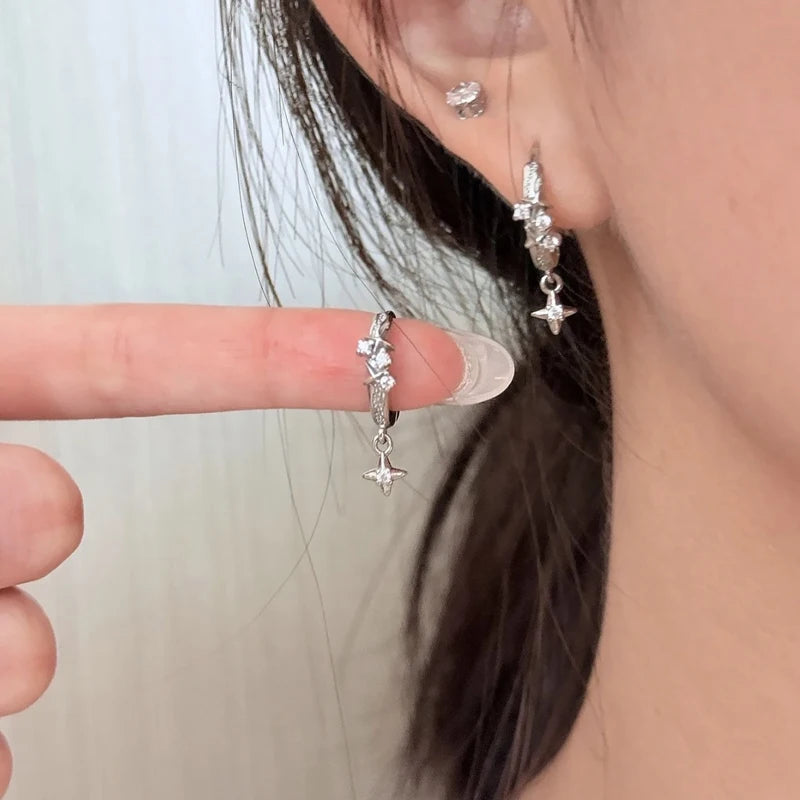 2026 metal four-star hoop earrings for women with zircon geometric circle design, silver-tone jewelry gasket earrings