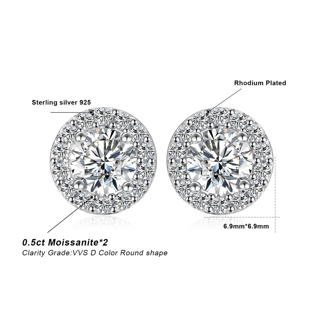Moissanite halo stud earrings in 925 sterling silver for women by HSF Marketplace