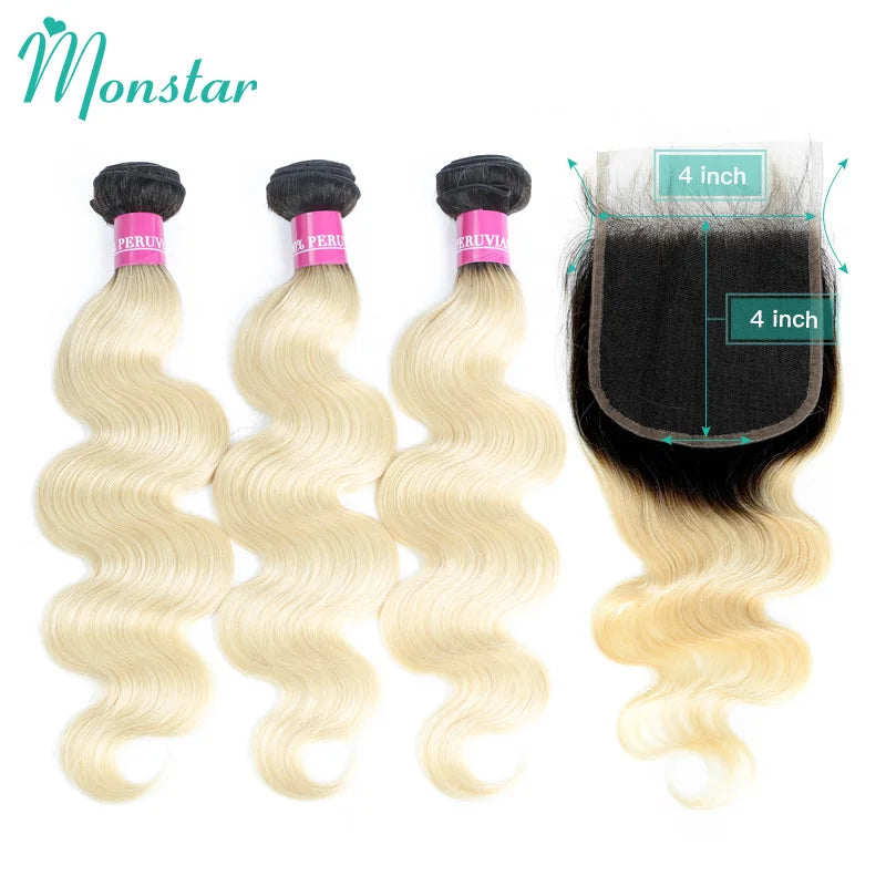 Monstar 1B 613 Blonde Ombre Bundles Brazilian Weave with 4x4 Closure 2/3/4 Bundles 8 - 32 Inch Remy Body Wave Hair with Closure