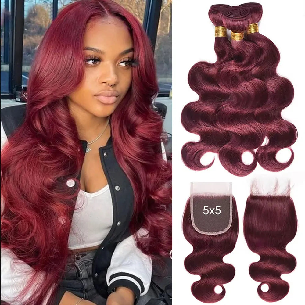 Body Wave Human Hair Bundles With Closure 5x5 And Colored Burgundy Red 3/4 Bundles With Lace Closure 99J Brazilian Hair Bundles