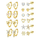 Bobisty hypoallergenic screw-back stud hoop earrings, 14K gold-plated heart and flower CZ design