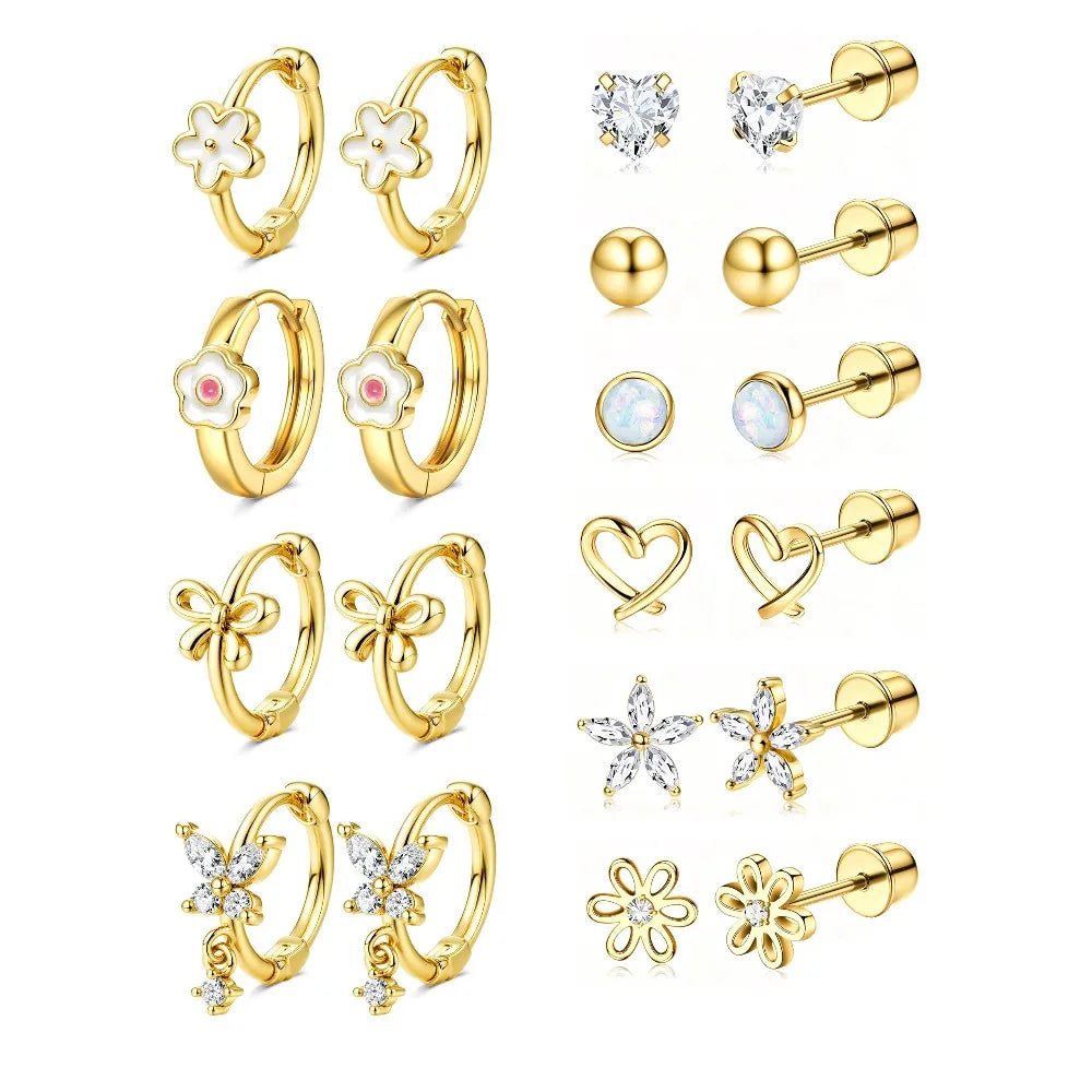 Bobisty hypoallergenic screw-back stud hoop earrings, 14K gold-plated heart and flower CZ design