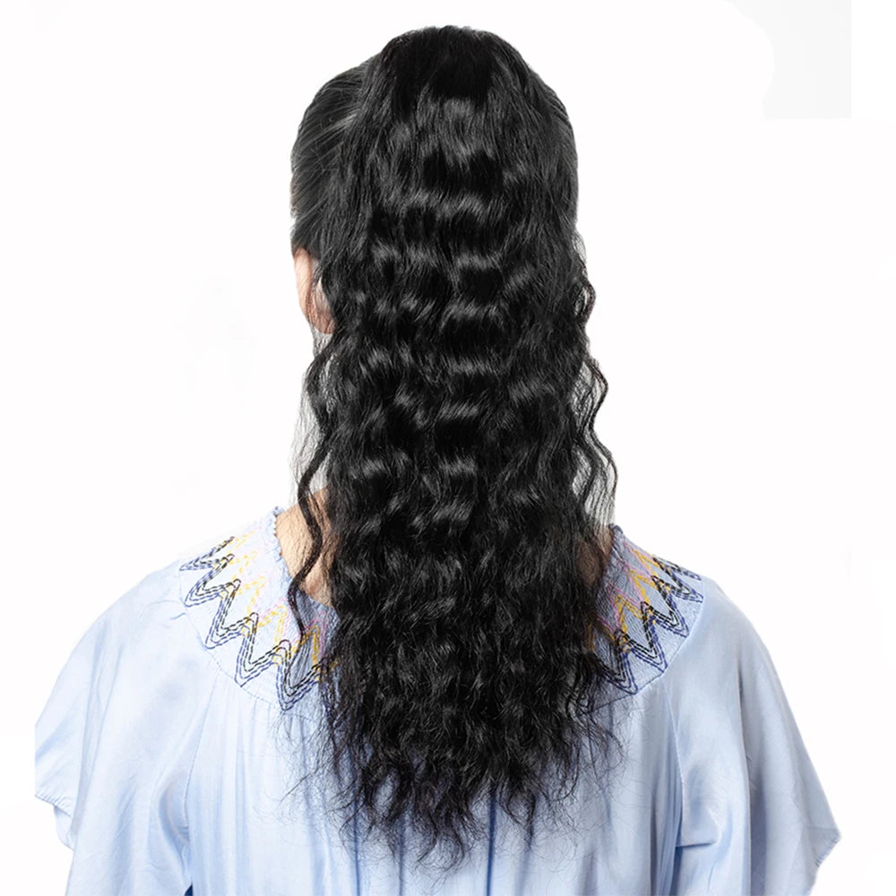 100g HSF Marketplace natural black water wave human hair drawstring ponytail clip-in extension